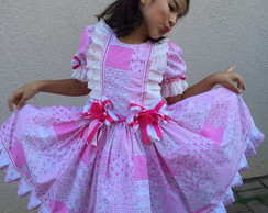 Vestido Caipira Junino Rosa Lesie Patchwork Camponesa 2023
