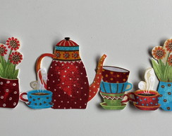 1 Patch Aplique Termocolante Bule Xícaras e Vaso de Flores