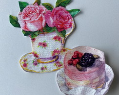 2 Patch Aplique Termocolante Xicara com Flores e Bolinho