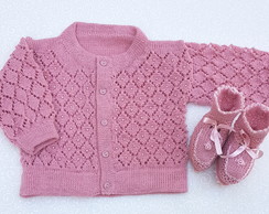 Casaquinho Rosê e Sapatinhos com Pérolas (P)