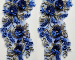 Tule Bordado Azul Royal com Dourado Flores 3d e Strass 1 Par