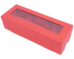 50 Caixas vermelhas 11x4cm c/ visor em bopp e 150 forminhas