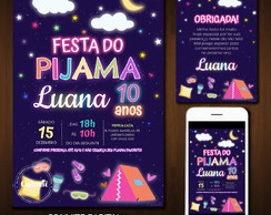 Convite Digital Pijama: Neon, Barraca e Estrelas + Brinde