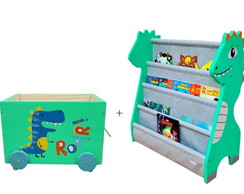 Kit Organizadores, Caixote + Rack para Livros Infantil Dino