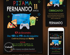 Convite Digital Pijama: Pizza, Vídeo Game e Pipoca + Brinde