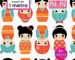 Tecido Tricoline Eva e Eva 100% Boneca Japonesa Kokeshi