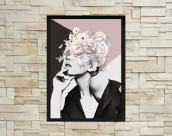 Quadro Mulher Geométrico com Flores Rosas (a3- com Vidro)