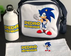 Kit Infantil Sonic: Garrafa, Lancheira Térmica e Toalhinha