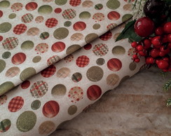 Tricoline Digital Bege Estampado Bolas Natal - Retalho