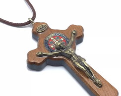 Colar Cordão Crucifixo Medalha São Bento Madeira