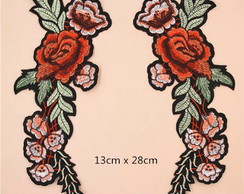 Patch Bordado Flores Vermelhas Termocolante 1 Par Espelhado