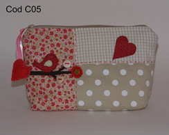 Nécessaire Patchwork Pássaro E Coração