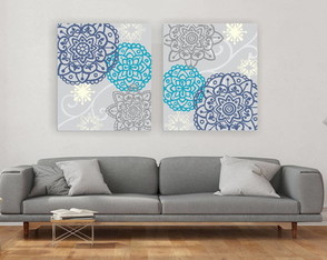 Quadro pintura em Par de Telas Mandala Cinza Azul 70x80cm