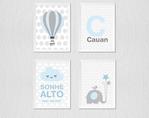 Quadros Balão, Elefante, Nome Personalizado, Sonhe Alto