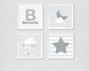 Quadro Nuvem, Estrela, Lua e Nome Personalizado