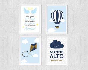 Quadro menino oração santo anjo, balão, pipa e sonhe alto