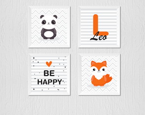 Quadro Infantil Menino, Panda, Rapozinha, Be Happy e Nome