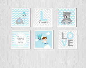 Quadro Infantil Menino, Urso, Elefante, Love e Menino