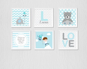 Quadro infantil menino, urso, elefante, love e menino