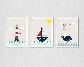 Quadro Infantil Menino, Farol, Barquinho e Baleia