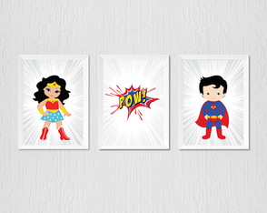 Quadro Infantil Herois, Super Homem e Mulher Maravilha