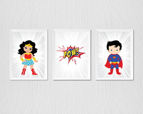 Quadro infantil herois, super homem e mulher maravilha