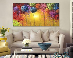 Quadro Abstrato Paisagem Árvores Coloridas 140x70x4 cm
