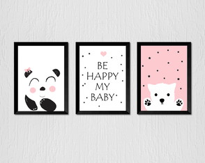 Quadro quarto de menina, panda, be happy my baby, cachorinha