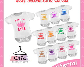 Kit 12 Body Mesversário Coroas Nome Personalizado Infantil
