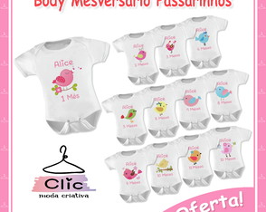 Kit 12 Body Mesversário Passarinhos Fofos Nome Personalizado