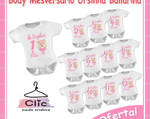 Kit 12 Body Mesversário Ursinha Bailarina Nome Personalizado