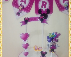 Topo de Bolo Minnie Rosa Pink e 6 Bandeirolas
