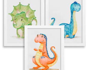 Conjunto de 3 quadros em aquarela - Dinossauros