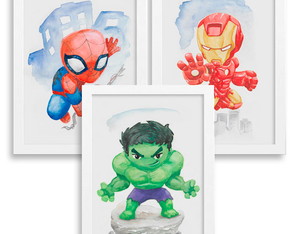 Conjunto de 3 quadros em aquarela - Coleção Marvel Baby