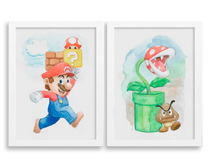 Kit de 2 quadros em aquarela - Colecão Super Mario