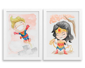 Kit de 2 quadros em aquarela - Coleção Super Heroínas