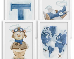 Conjunto de 4 Quadros em Aquarela - Urso Aviador