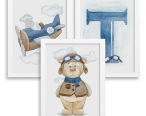 Conjunto de 3 Quadros em Aquarela - Urso Aviador