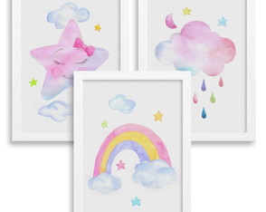 Conjunto de 3 Quadros em Aquarela - Arco-íris