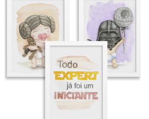 Conjunto de 3 Quadros em Aquarela - Baby Star Wars / Leia