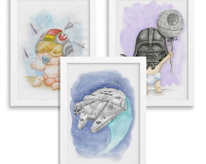 Conjunto de 3 Quadros em Aquarela - Baby Star Wars