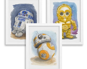 Conjunto de 3 Quadros em Aquarela - Robôs Star Wars