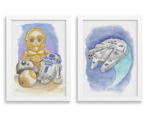 Conjunto de 2 Quadros em Aquarela - Robôs Star Wars