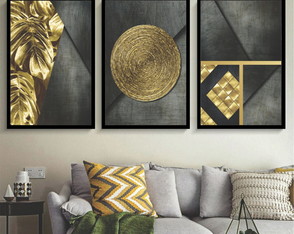 3 Quadros Decorativos Abstrato Dourado Moderno Novo Molduras