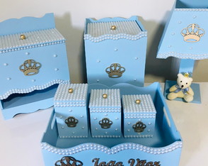 Kit higiene mdf azul com pérolas