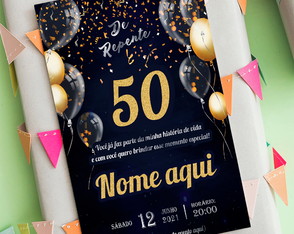 Convite Digital Aniversário 50 Anos Preto e Dourado