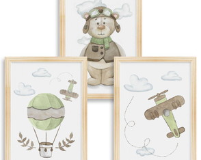 Conjunto de 4 Quadros em Aquarela - Urso Aviador Verde