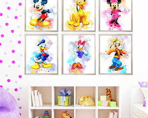 Kit 6 quadros infantil Mickey Mouse e sua turma aquarela A3