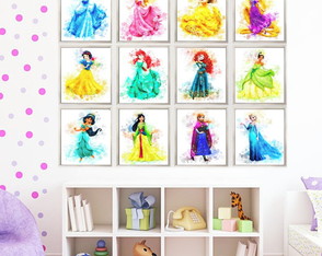 Kit 12 quadro decorativo infantil coleção princesas aquarela