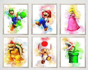 Kit 6 quadro decorativo quarto infantil Mario Bros aquarela